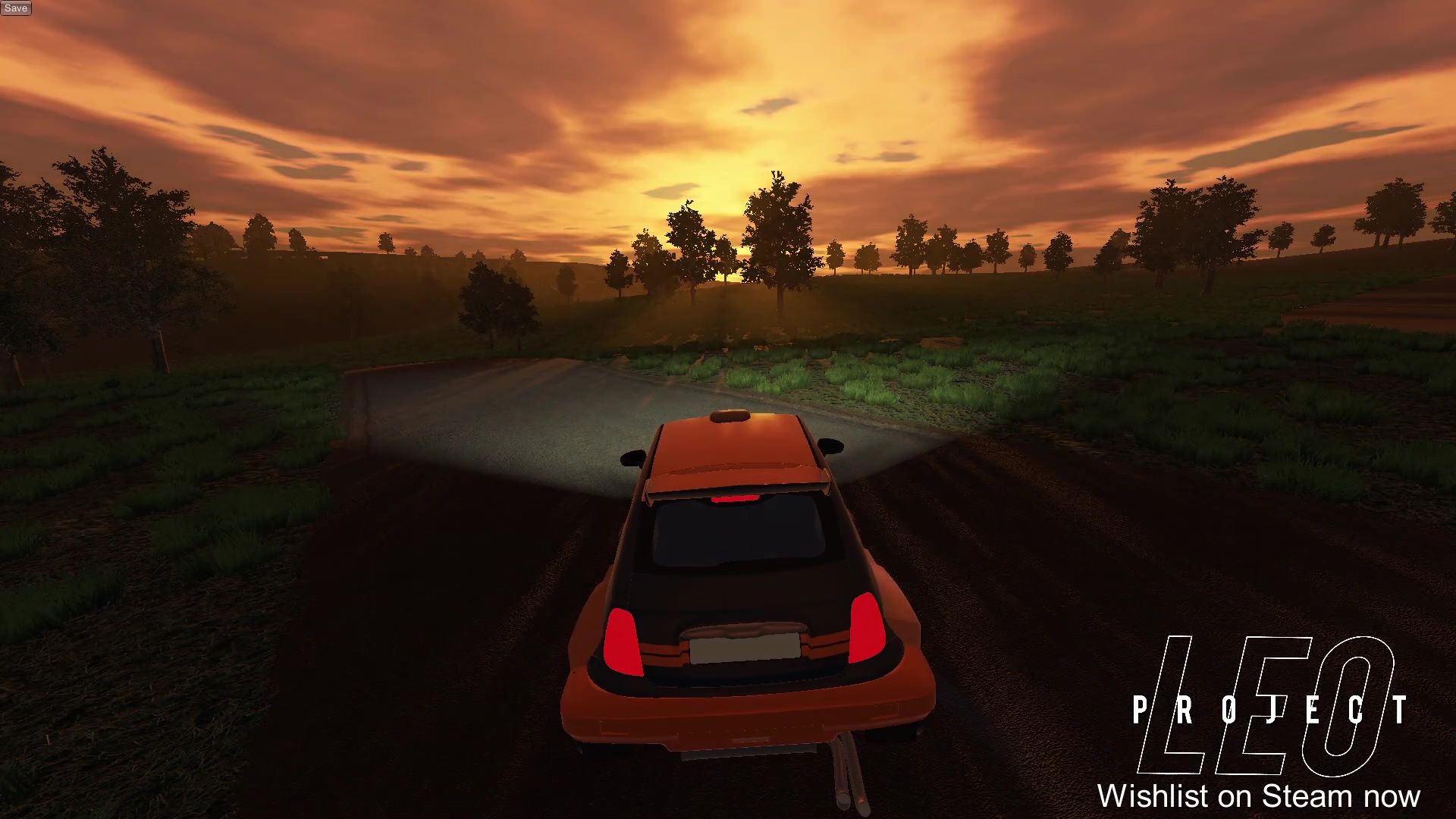 Rally car headlights cutting through a dark forest stage